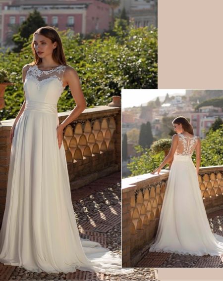 Traje de novia con falda de crepe y espalda semitransparente